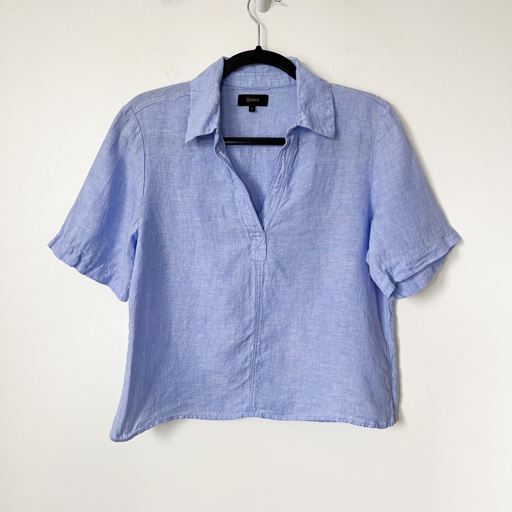 Quince 100% European Linen Short Sleeve Popover Top Womens Small French Blue
